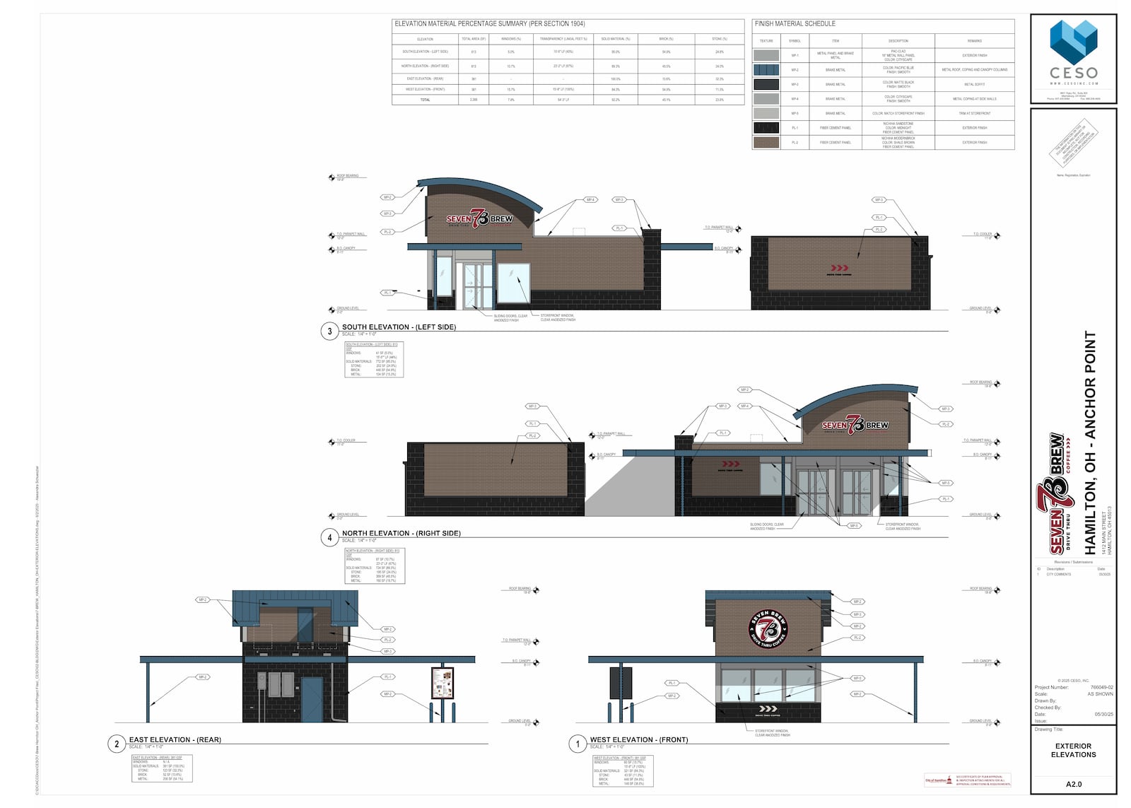 Pictured are architectural drawings for a planned 7 Brew Coffee drive-thru at 1412 Main St. in Hamilton. A timeline is not known for when construction could begin, or how long assembly of the prefabricated building could take. CONTRIBUTED/CITY OF HAMILTON