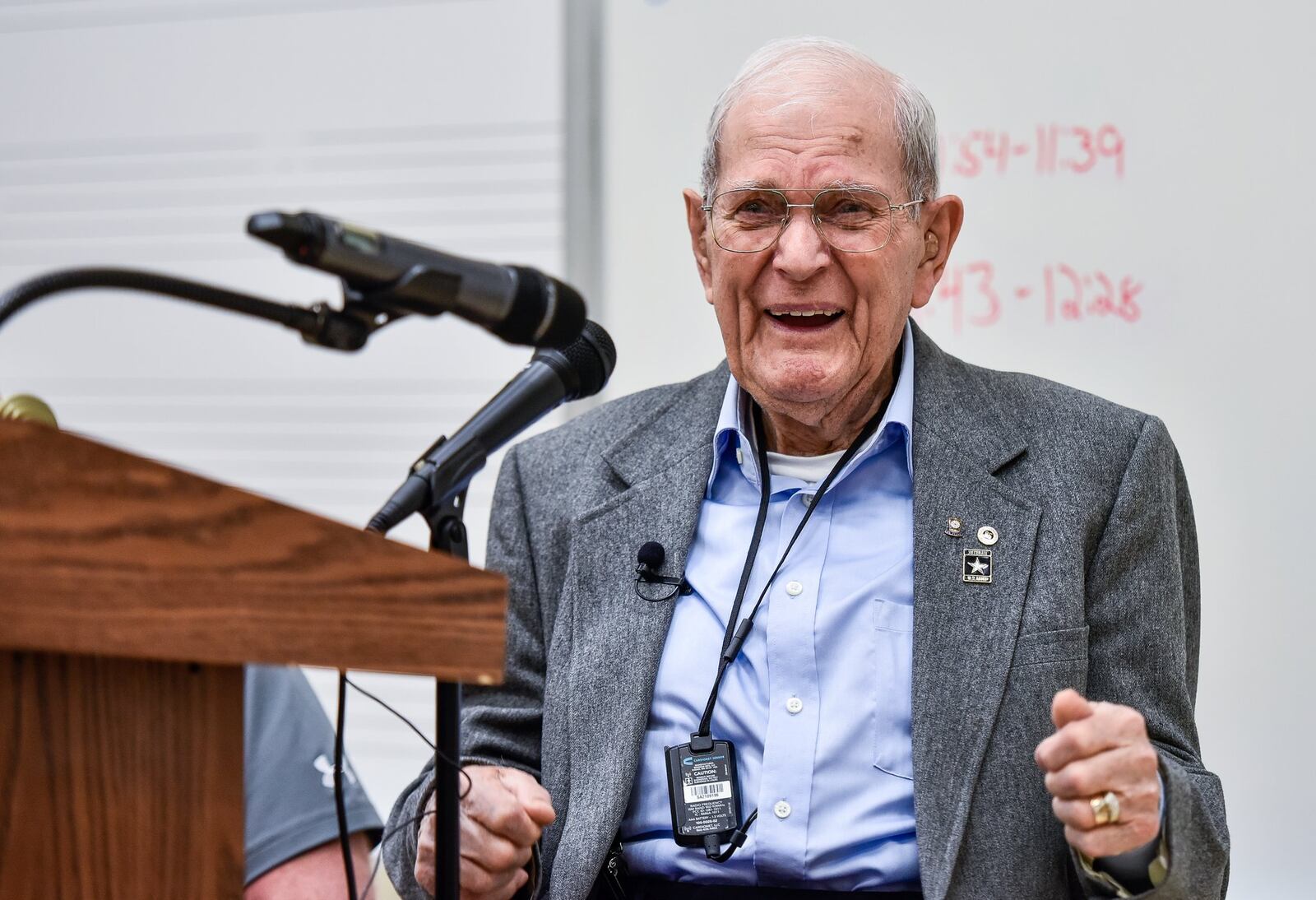 World War II veteran Russ Carr speaks to students about his military experience at Hamilton Freshman School Wednesday, Feb. 21 in Hamilton. Carr served in the Army in the 125th Mechanized Calvary Reconnaissance Troop as an armored car driver. NICK GRAHAM/STAFF