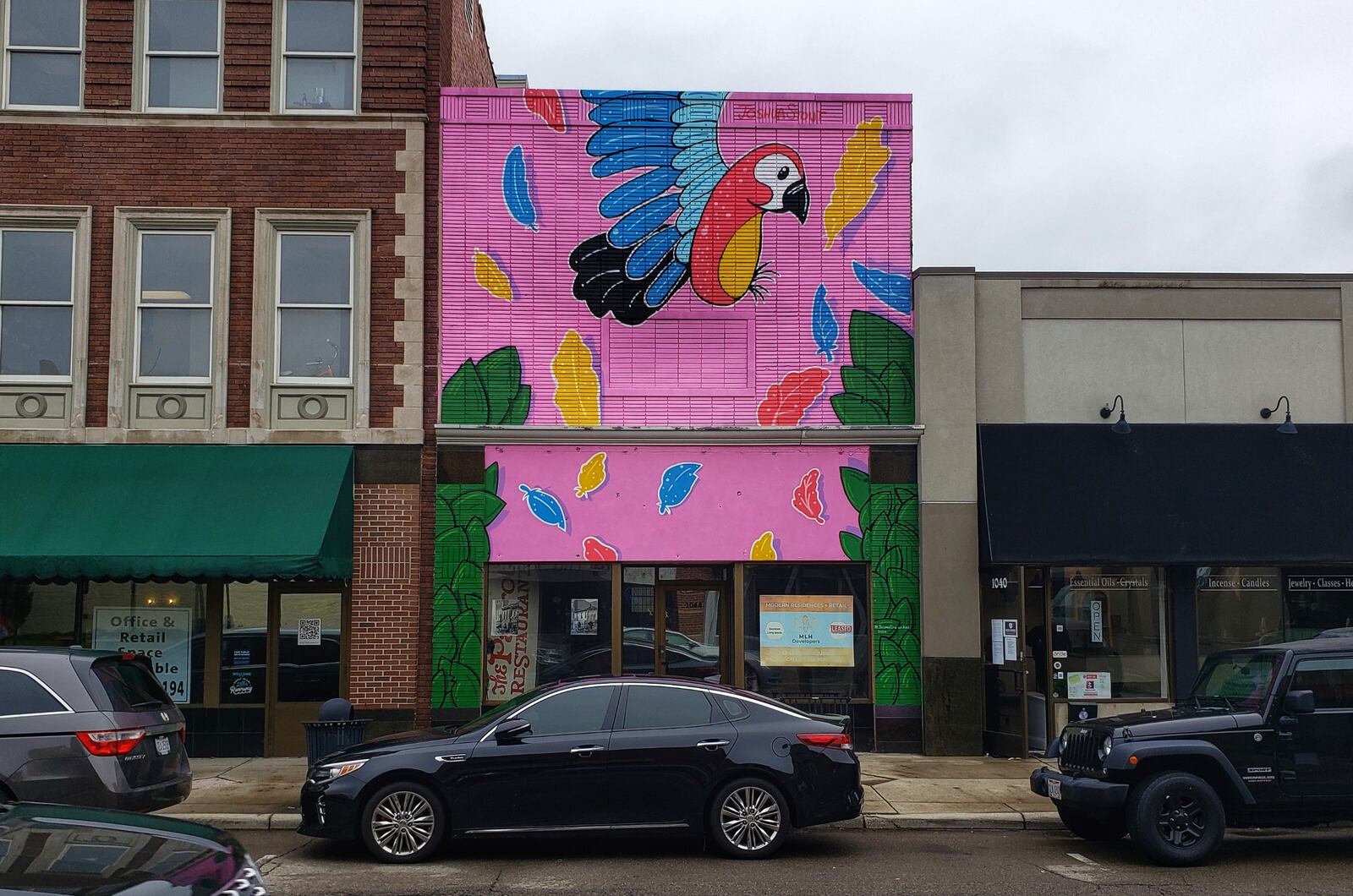 Muralist Joshua Stout recently completed a large, colorful parrot mural on the front of the building at 1044 Central Ave. Kevin Kimener, owner of MLH Developers, bought the building two years ago and plans to renovate the second floor into two, two-bedroom apartments and convert the first floor into retail space. NICK GRAHAM/STAFF