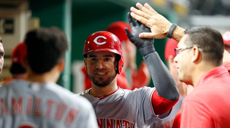 PITTSBURGH, PA - APRIL 10: Eugenio Suarez #7 of the Cincinnati Reds celebrates at the dugout after hitting a home run in the fifth inning against the Pittsburgh Pirates at PNC Park on April 10, 2017 in Pittsburgh, Pennsylvania. (Photo by Justin K. Aller/Getty Images)