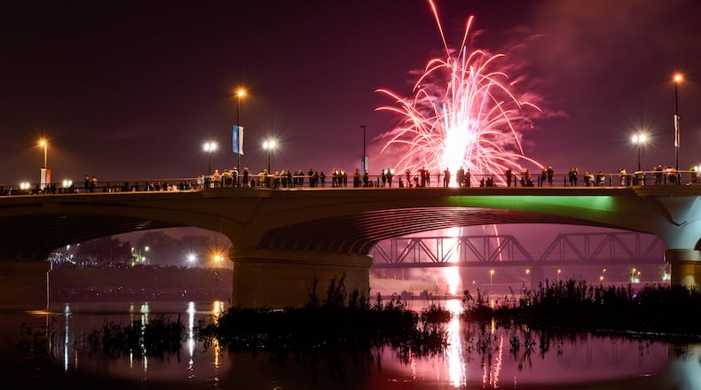 Hamilton’s fireworks this year will be fired off from Veterans Park so they can be viewed from more parts of the city. Here’s a shot from last year’s July 4 show along the Great Miami River. NICK GRAHAM/STAFF
