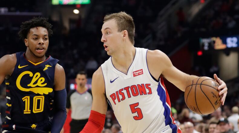 FILE - In this Dec. 3, 2019, file photo, Detroit Pistons' Luke Kennard (5) drives against Cleveland Cavaliers' Darius Garland (10) during the second half of an NBA basketball game in Cleveland. The Los Angeles Clippers acquired Kennard from Detroit as part of a three-way deal with the Pistons and Brooklyn on Wednesday, Nov. 18, 2020. (AP Photo/Tony Dejak, File)
