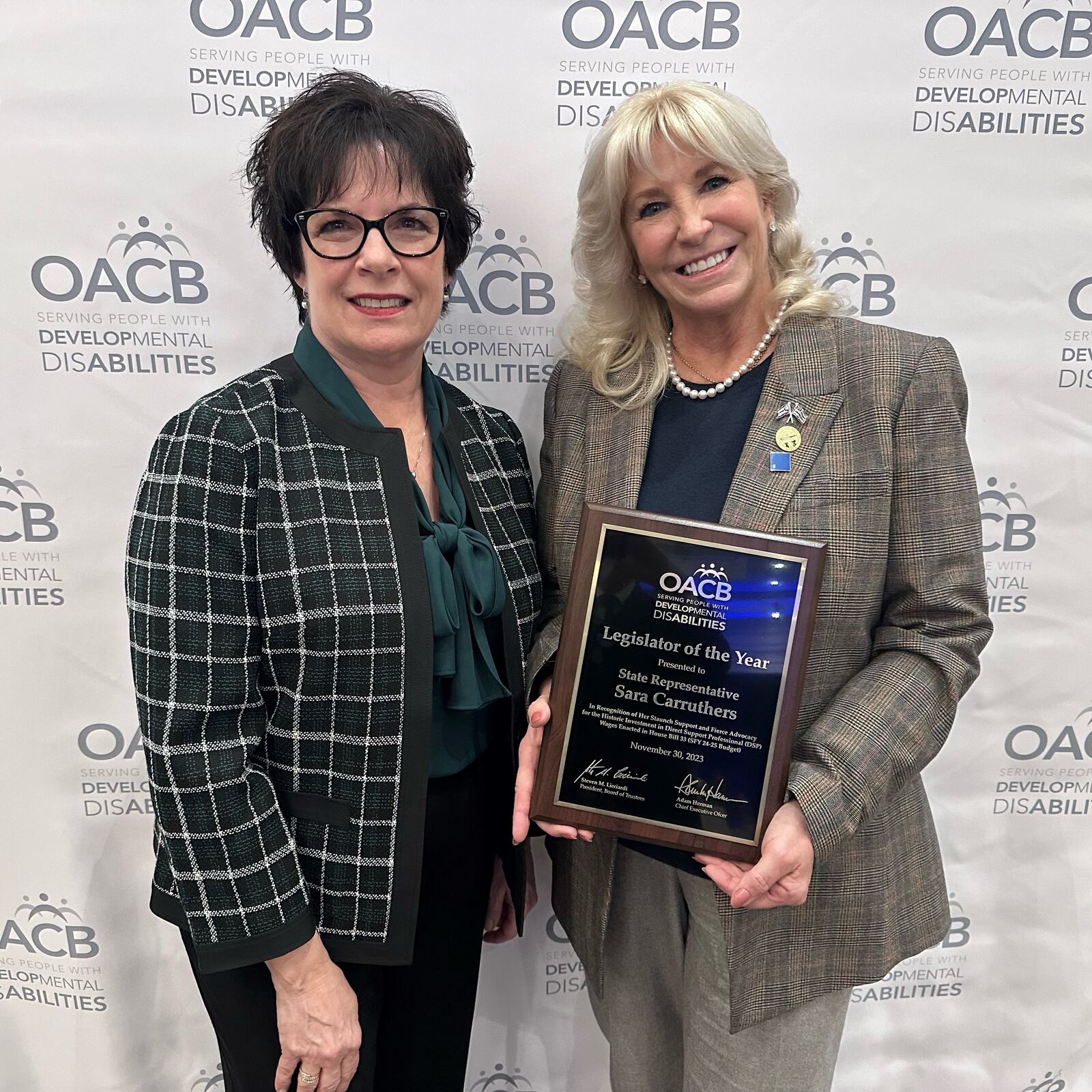State Rep. Sara Carruthers has been recognized with the "Legislator of the Year" award by the Ohio Association of County Boards of Developmental Disabilities for her commitment and advocacy on behalf of individuals with developmental disabilities and the direct support professionals who support them. On hand to present the award was Lisa Guliano, left, superintendent of the Butler County Board of Developmental Disabilities. CONTRIBUTED