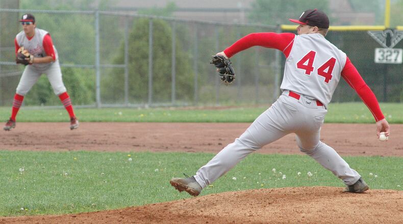 Lakota West’s Alex Jarboe (44) winds up to throw a pitch Saturday afternoon during a Greater Miami Conference baseball game at Lakota East. West won 5-3 in nine innings. RICK CASSANO/STAFF