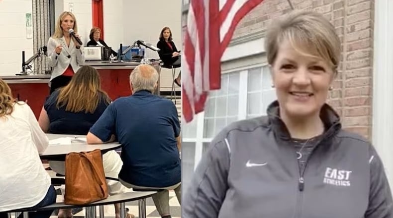 The search for a new leader for Lakota Schools is now down to two finalists, both familiar faces to the school system. Former Lakota East High School Principal Suzanna Davis, right, is among the duo competing for Lakota’s superintendent’s job. Joining her is former Lakota superintendent candidate from 2023 Ashley Whitely, who is pictured meeting with Lakota school parents last year. (File/Journal-News)