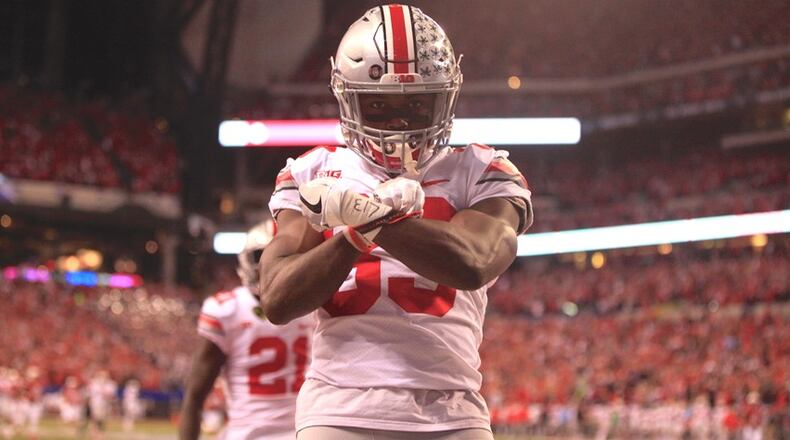 Ohio State’s Terry McLaurin celebrates a touchdown against Wisconsin on Saturday, Dec. 2, 2017, at Lucas Oil Stadium in Indianapolis. David Jablonski/Staff