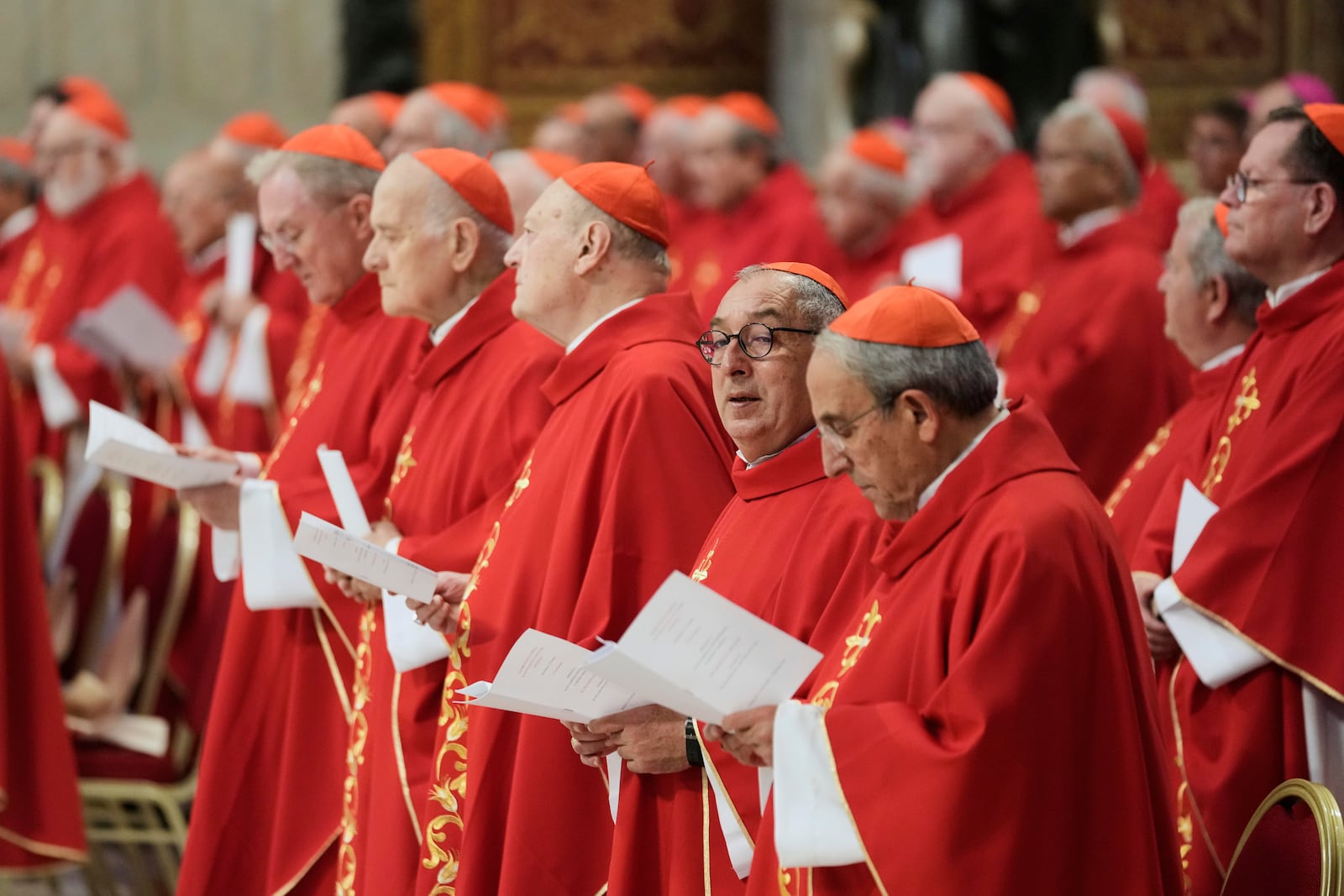 Cardinals nattend a mass on the sixth of nine days of mourning for late Pope Francis, in St. Peter's Basilica at the Vatican, Thursday, May 1, 2025. (AP Photo/Gregorio Borgia)