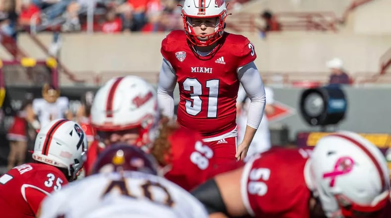Miami's Dom Dzioban (31) lines up for an extra point against Central Michigan on Oct. 26 at Yager Stadium. Miami Athletics photo