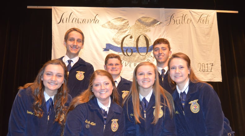 Talawanda/Butler Tech FFA chapter officers for the coming year were installed at this year’s banquet May 13. Pictured, front row, from left are Caroline Vonderhaar, reporter; Sarah Allen, vice president, Kyndal Haven, treasurer and Emily Jones, sentinel. Back row: Jacob Schulte, president; Wally Minges, secretary and Eric Glaab, student advisor. CONTRIBUTED/BOB RATTERMAN