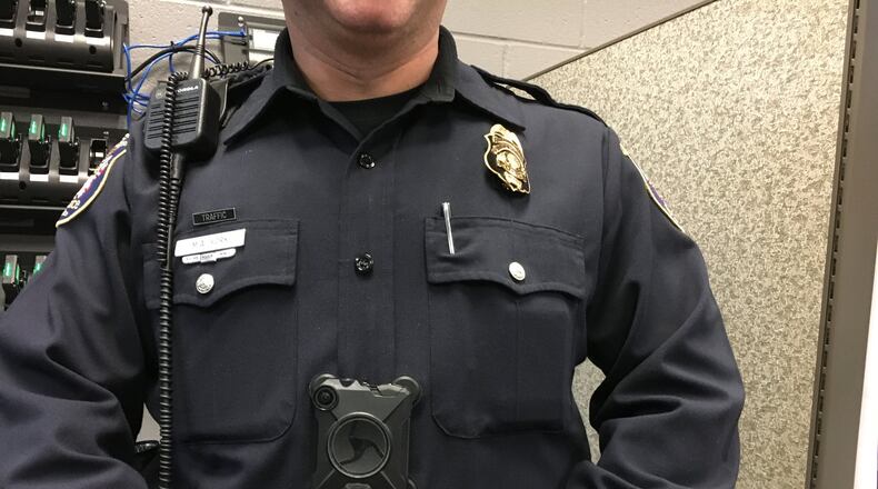 West Chester Twp. Patrol Officer Mark York is wearing one of the 50 newly purchased police body worn cameras. DENISE G. CALLAHAN/STAFF