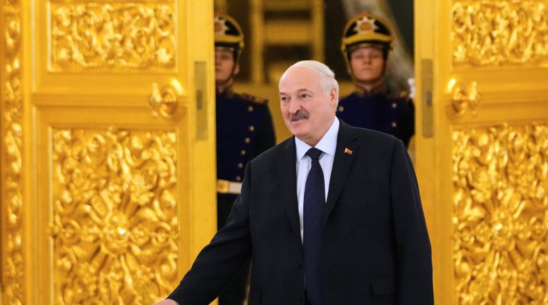 Belarusian President Alexander Lukashenko arrives to attend a meeting of the supreme council of the Union State with Russian President Vladimir Putin at the Grand Kremlin Palace in Moscow, Thursday, Feb. 26, 2026. (AP Photo/Pavel Bednyakov, Pool)