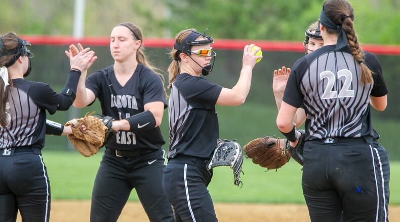 Lakota East pitcher Sydney Larson (3) celebrates with teammates during their game at Lakota West, Tuesday, Apr. 11, 2017. GREG LYNCH / STAFF