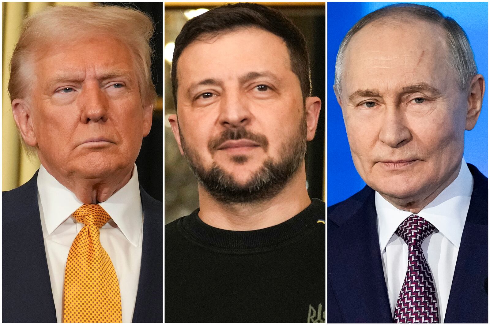 FILE - In this combination of file photos, President Donald Trump, left, and Ukraine's President Volodymyr Zelenskyy, center, are seen at the Elysee Palace, Dec. 7, 2024 in Paris, and President Vladimir Putin, right, addresses a Technology Forum in Moscow on Feb. 21, 2025. (AP Photo/Aurelien Morissard, left and center, Pavel Bednyakov, right, File)