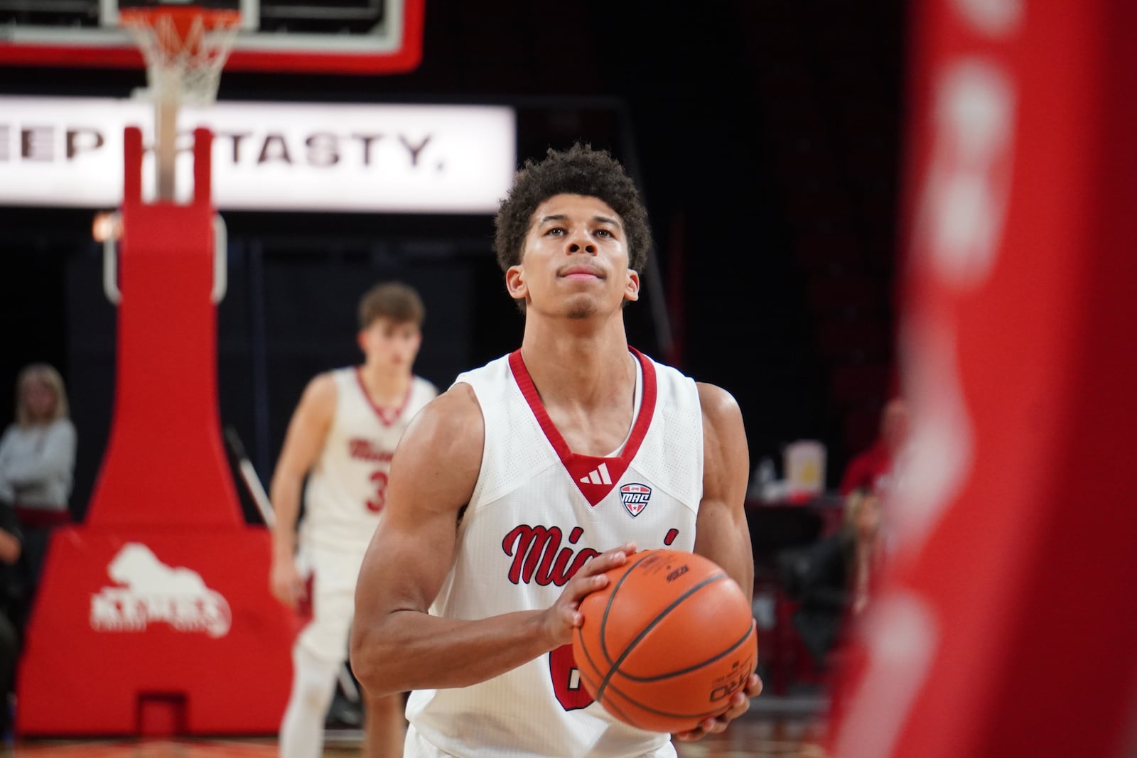Miami’s Justin Kirby eyes a free-throw attempt during his game against Western Michigan on Tuesday night at Millett Hall. CHRIS VOGT / CONTRIBUTED