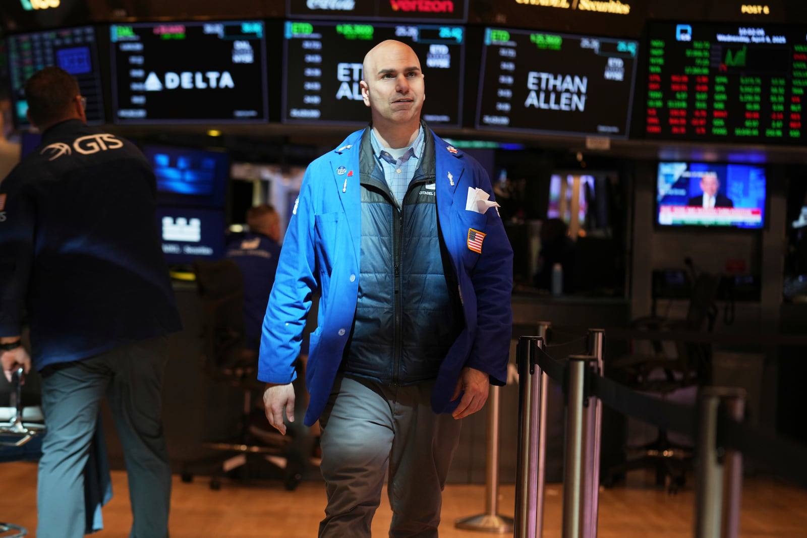 Phil Finale works on the floor at the New York Stock Exchange in New York, Wednesday, April 9, 2025. (AP Photo/Seth Wenig)
