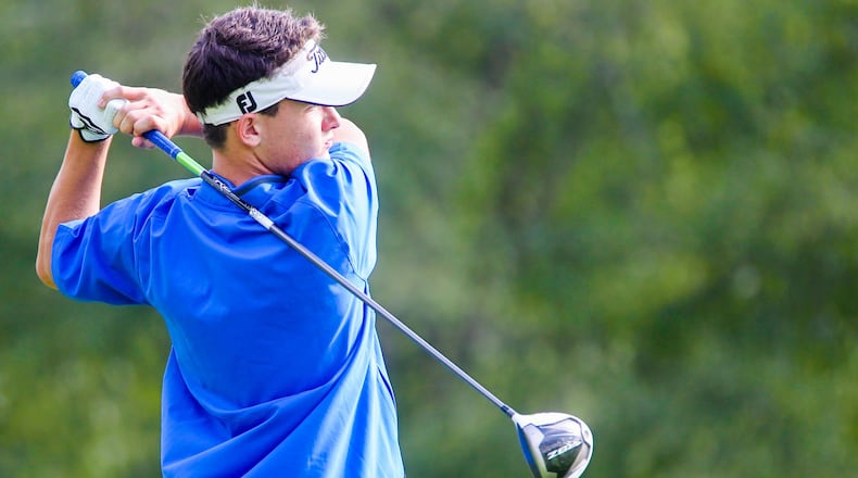 Hamilton’s Trace Thomas hits a drive during the Division I sectional boys golf tournament at Miami Whitewater Golf Course on Oct. 5, 2016. GREG LYNCH/STAFF