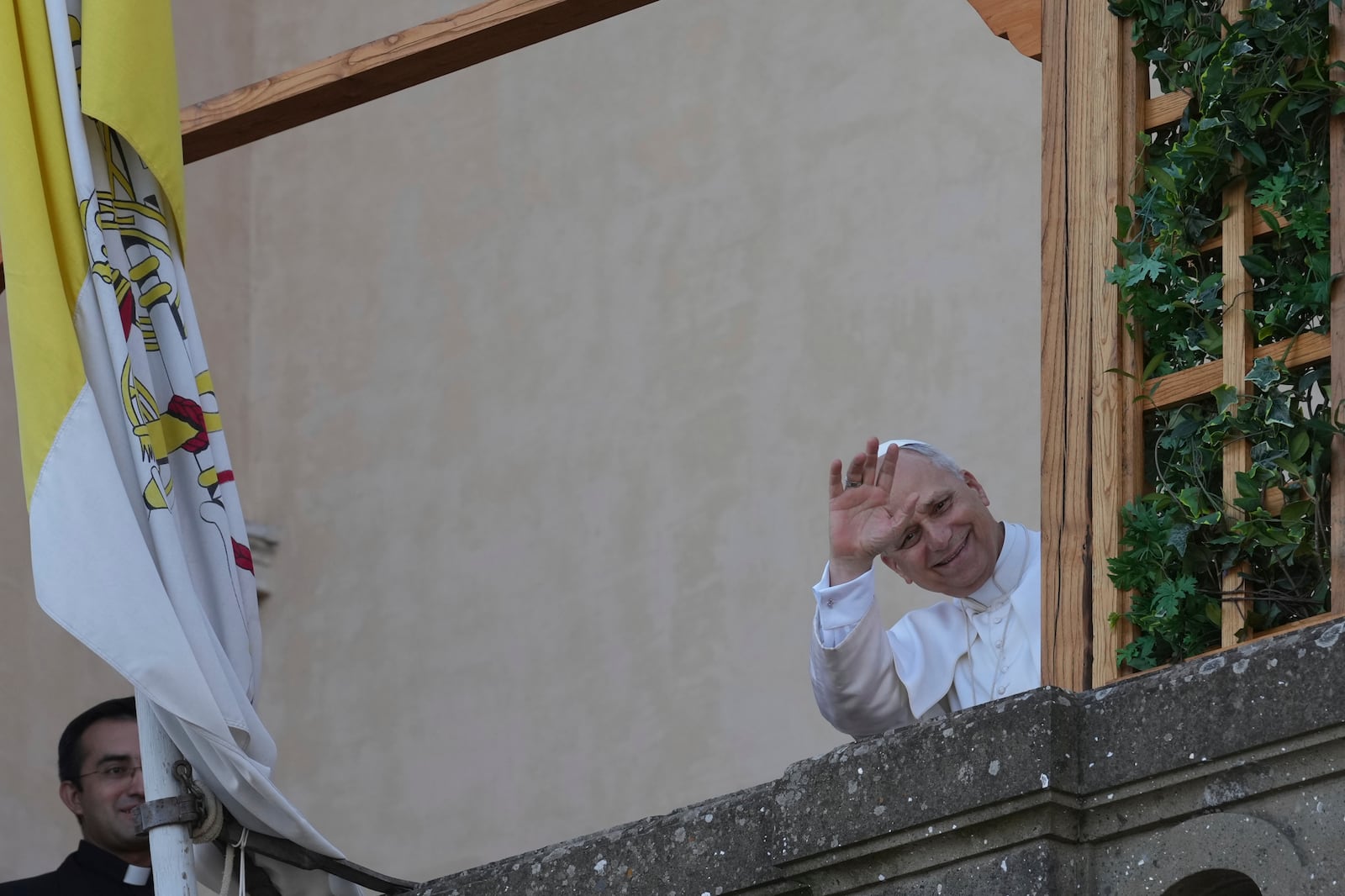 Pope Leo XIV arrives at the papal summer residence in Castel Gandolfo south of Rome for a six-week vacation, Sunday. (AP Photo/Andrew Medichini)