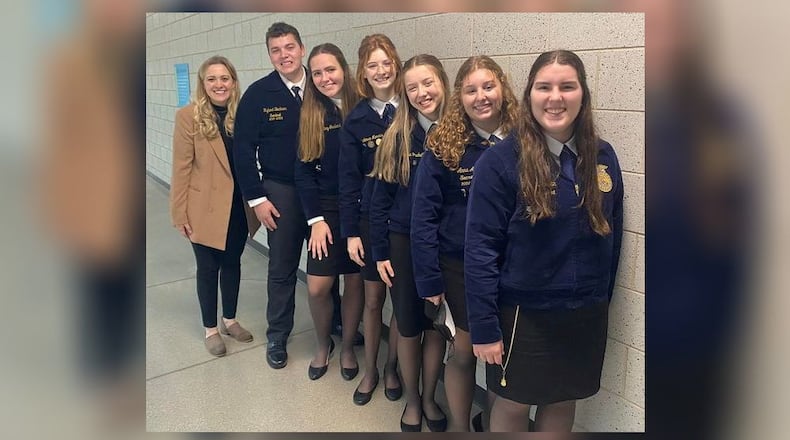 The Talawanda/Butler Tech FFA Parliamentary Procedure team is shown after their fourth-place finish in the state contest. They are, from left, Chapter Advisor Carley Snider, junior Ryland Beckner, sophomore Abbey Garland, junior Kaydence Morris, team secretary sophomore Emma Puckett, junior Anna Abbitt and team chair senior Rachel Dsuban. CONTRIBUTED
