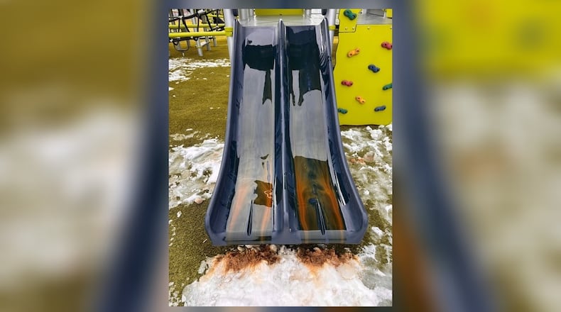 Vandals pour motor oil down slides and douse swings and play areas at North Park in Springboro over the weekend, city officials announced Monday, Feb. 24, 2025. Residents are urged to report suspicious activity. CONTRIBUTED