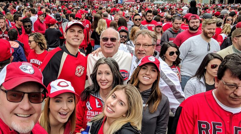 Thousands of Reds fans, including Journal-News reporter Rick McCrabb, gathered outside Great American Ball Park before Opening Day 2019. SUBMITTED PHOTO