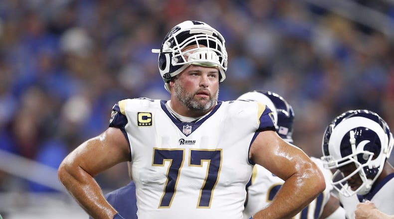 FILE - In this Sunday, Dec. 2, 2018 file photo, Los Angeles Rams offensive tackle Andrew Whitworth during the first half of an NFL football game against the Detroit Lions in Detroit. Rams offensive tackle Andrew Whitworth is in the playoffs for the seventh time in eight seasons but there is one thing he is still chasing, a postseason win. (AP Photo/Paul Sancya, File)