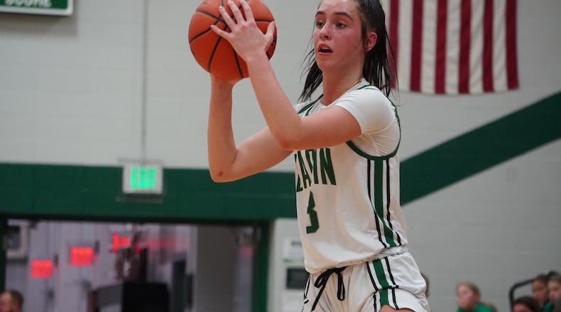 Badin’s Hailey Weber looks for a passing lane during her game against Fenwick on Tuesday at Mulcahey Gym. CHRIS VOGT / CONTRIBUTED