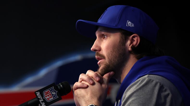 Buffalo Bills quarterback Josh Allen speaks at a NFL news conference in Orchard Park, N.Y., Thursday, Jan. 29, 2026. (AP Photo/Jeffrey T. Barnes)