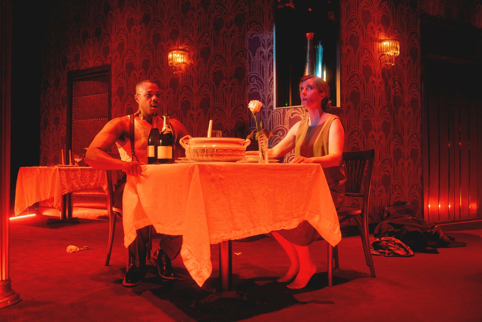 This photo provided by Lincoln Center for the Performing Arts shows Davóne Tines, left, as Jim, and Kiera Duffy, as Julia, in a scene from "The Comet/Poppea" in the Run AMOC* Festival at Lincoln Center, June 17, 2025, in New York. (Lawrence Sumulong/Lincoln Center for the Performing Arts via AP)
