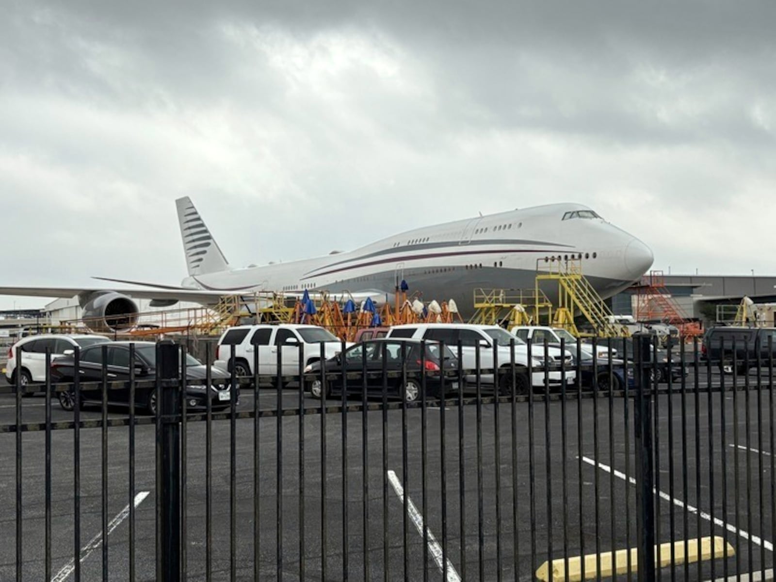 FILE - A Boeing 747 with the color scheme of planes used by the Qatari royal family is seen Friday, May 2, 2025 at San Antonio International Airport in San Antonio, Texas. President Donald Trump said this week that he wants to accept the $400 million plane, and that it would later be donated to a presidential library. (Brandon Lingle/The San Antonio Express-News via AP, File)