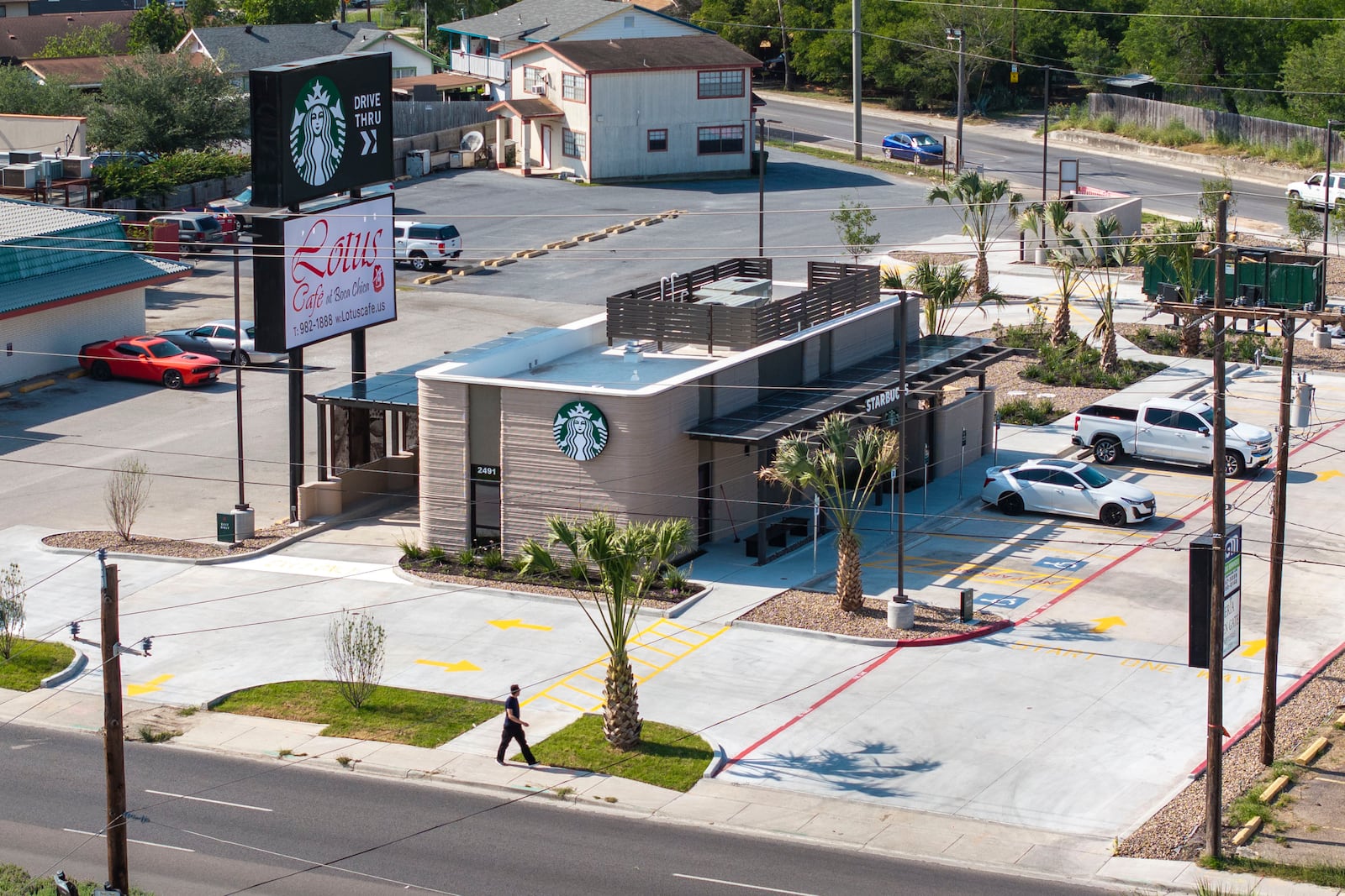 An aerial view shows a 3D printed Starbucks building Monday, April 28, 2025, in Brownsville, Texas. (AP Photo/Michael Gonzalez)