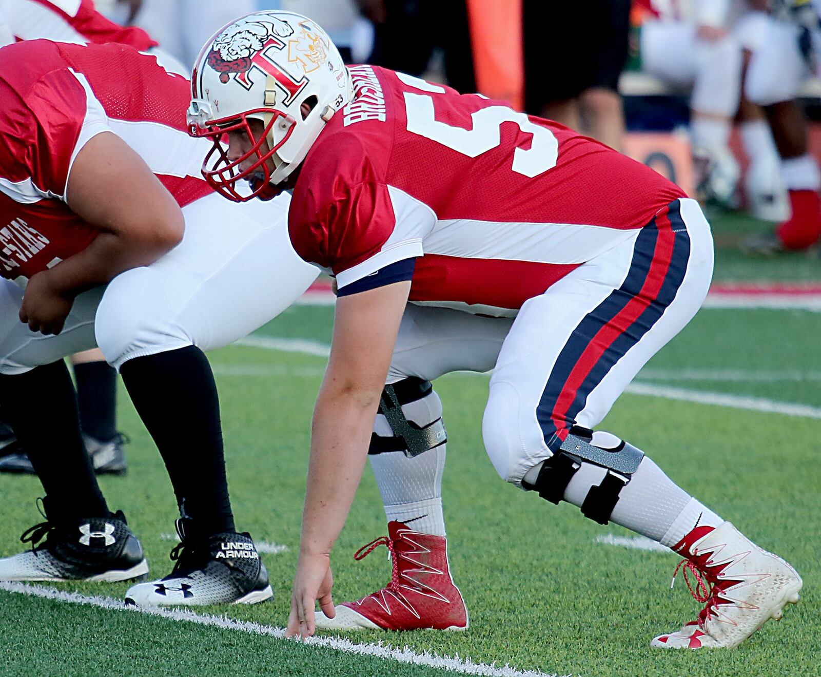Talawanda offensive tackle Kyle Broshear lines up for a West play Thursday night during the Southwestern Ohio Football Coaches Association Ron Woyan East-West All-Star Game at Kings. CONTRIBUTED PHOTO BY E.L. HUBBARD