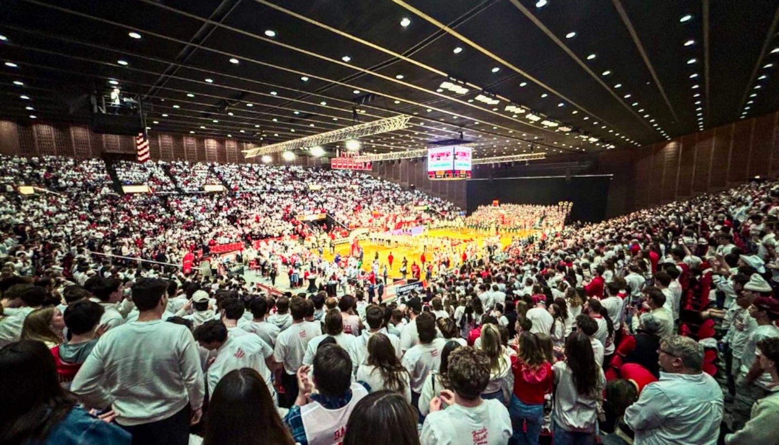Ohio and Miami stand for the national anthem on Friday, Feb. 13, 2026, at Millett Hall in Oxford. David Jablonski/Staff