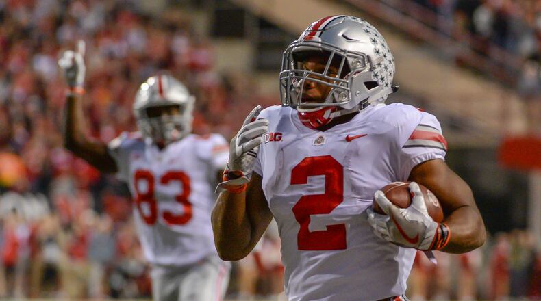 LINCOLN, NE - OCTOBER 14: Running back J.K. Dobbins #2 of the Ohio State Buckeyes scores against the Nebraska Cornhuskers at Memorial Stadium on October 14, 2017 in Lincoln, Nebraska. (Photo by Steven Branscombe/Getty Images)