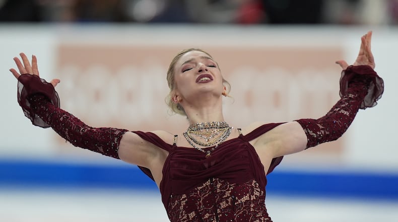 Amber Glenn competes during the women's short program at the U.S. Figure Skating Championships, Wednesday, Jan. 7, 2026, in St. Louis. (AP Photo/Stephanie Scarbrough)