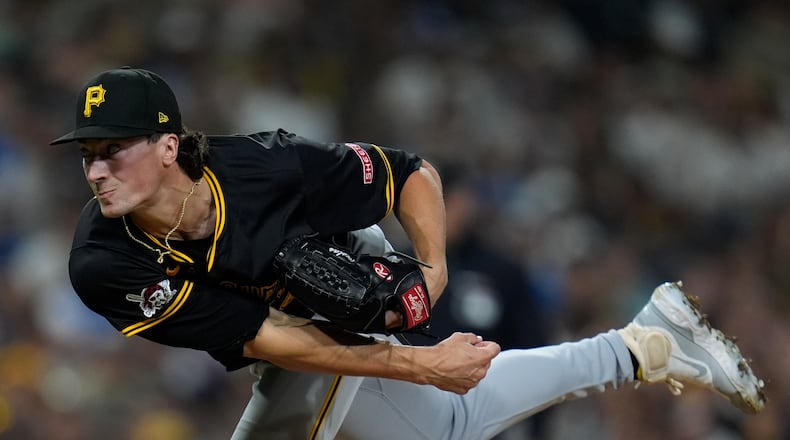 Pittsburgh Pirates relief pitcher Kyle Nicolas works against a San Diego Padres batter during the eighth inning of a baseball game Tuesday, Aug. 13, 2024, in San Diego. (AP Photo/Gregory Bull)