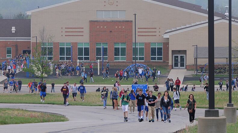 Springboro High School was evacuated in April 2016 in response to a bomb threat. Since then, the district has instituted new procedures to response to potential school threats. MARSHALL GORBY/STAFF