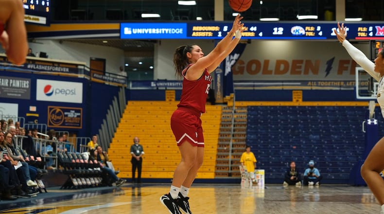 Miami’s Tamar Singer puts up a shot against Kent State on Wednesday afternoon. MIAMI ATHLETICS PHOTO