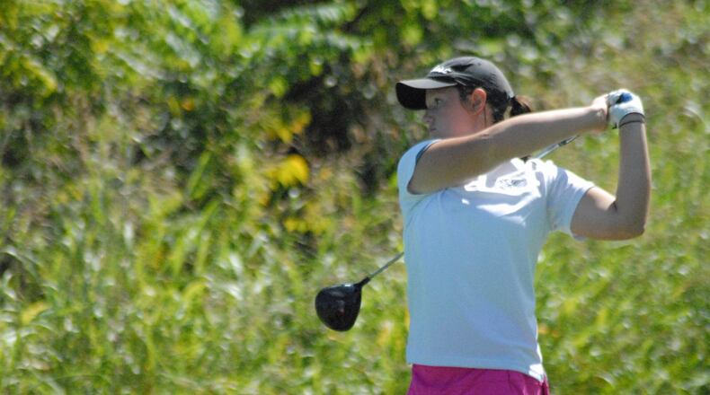 Lakota East’s Clare Yeazell tees off on the 18th hole during the second round of the Greater Miami Conference championship at Walden Ponds Golf Club. Chris Vogt/CONTRIBUTED