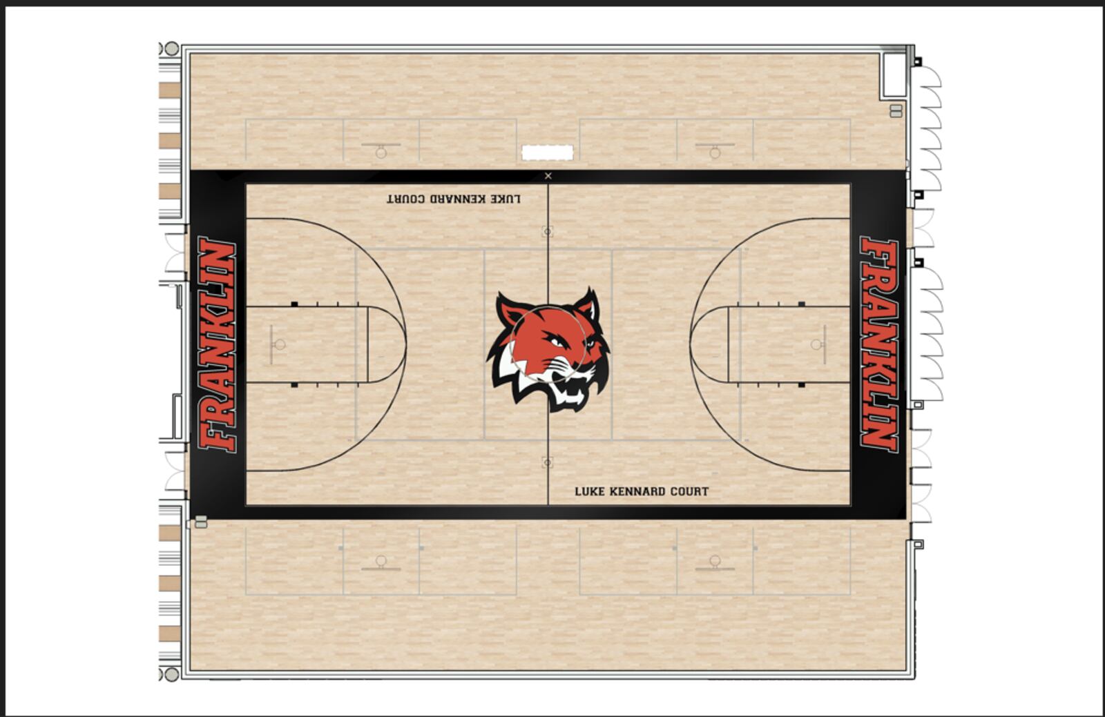 This is a rendering of the markings for the Luke Kennard Court at the new Franklin High School gymnasium. The Franklin School Board approved naming the court after the 2015 graduate who now plays in the NBA. In 2022, the school retired his jersey number. CONTRIBUTED/FRANKLIN CITY SCHOOLS