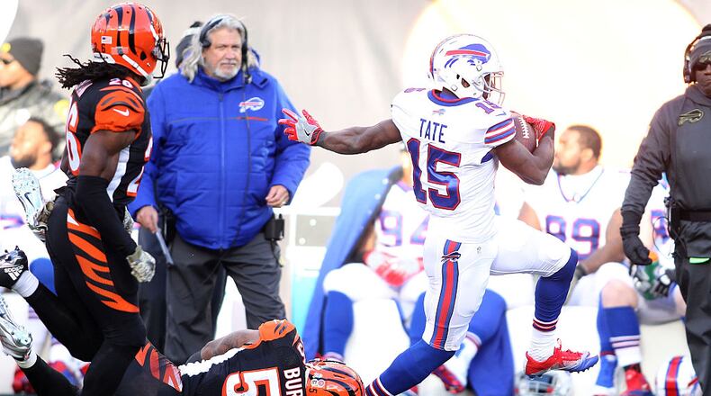 CINCINNATI, OH - NOVEMBER 20:  Vontaze Burfict #55 of the Cincinnati Bengals forces Brandon Tate #15 of the Buffalo Bills out of bounds during the third quarter at Paul Brown Stadium on November 20, 2016 in Cincinnati, Ohio. (Photo by John Grieshop/Getty Images)