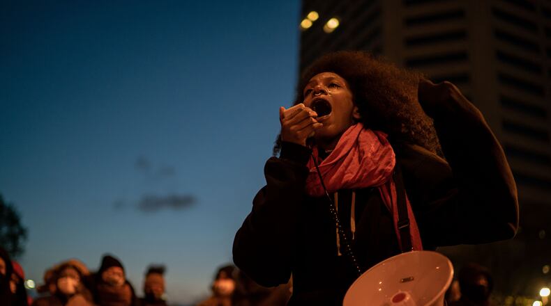 People protest the police killing of 16-year-old Ma’Khia Bryant, in Columbus, Ohio, on Wednesday evening, April 21, 2021. The shooting happened on Tuesday when police responded to a 911 call. (Amr Alfiky/The New York Times)