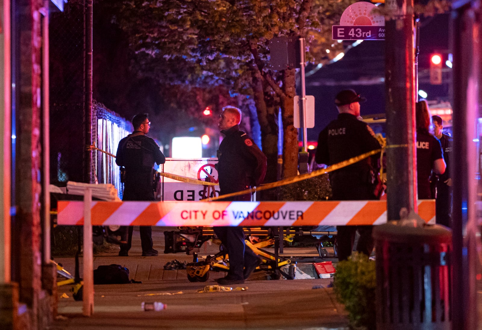 Vancouver police secure the scene after a car drove into a crowd at the Lapu Lapu Festival in Vancouver, British Columbia, Saturday April 26, 2025. (Rich Lam/The Canadian Press via AP)