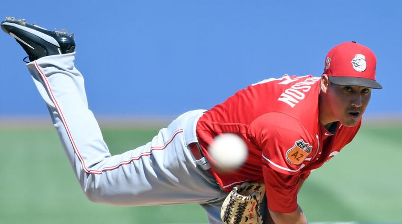 LAS VEGAS, NV - MARCH 25: Robert Stephenson #55 of the Cincinnati Reds pitches against the Chicago Cubs during their exhibition game at Cashman Field on March 25, 2017 in Las Vegas, Nevada. The Cubs won 11-7. (Photo by Ethan Miller/Getty Images)