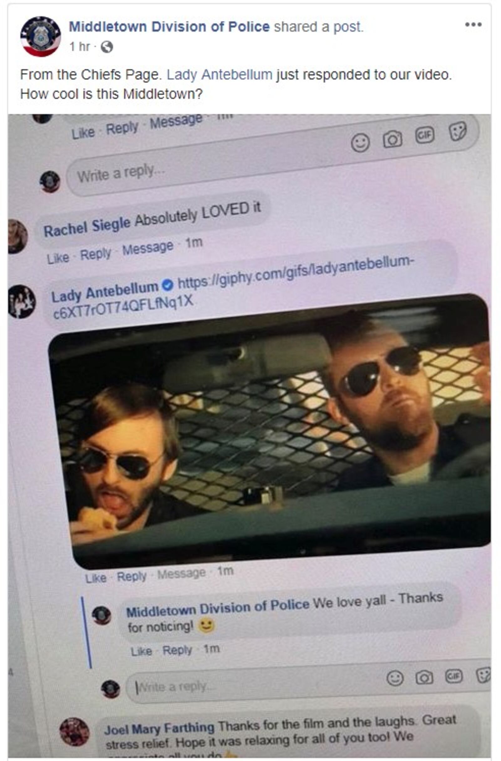 The Middletown Police Department's lip sync challenge video features the song "Need You Now" by country music group Lady Antebellum.