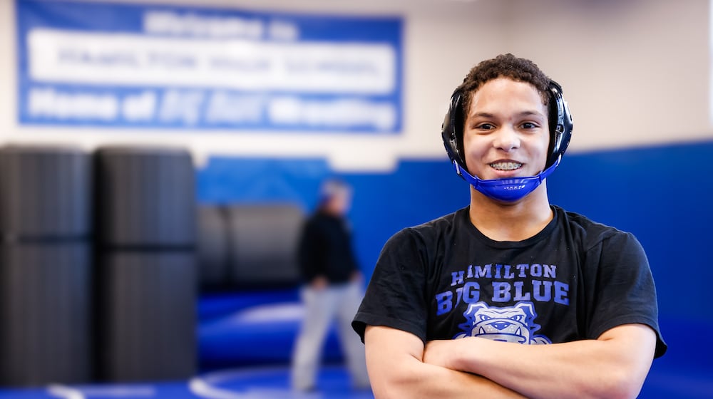 Hamilton High School senior wrestler Jayden Knowles recently earned the 98th career win when he won the Fairfield Invitational. NICK GRAHAM/
STAFF