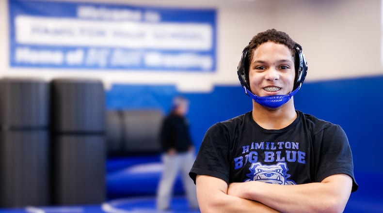 Hamilton High School senior wrestler Jayden Knowles recently earned the 98th career win when he won the Fairfield Invitational. NICK GRAHAM/
STAFF