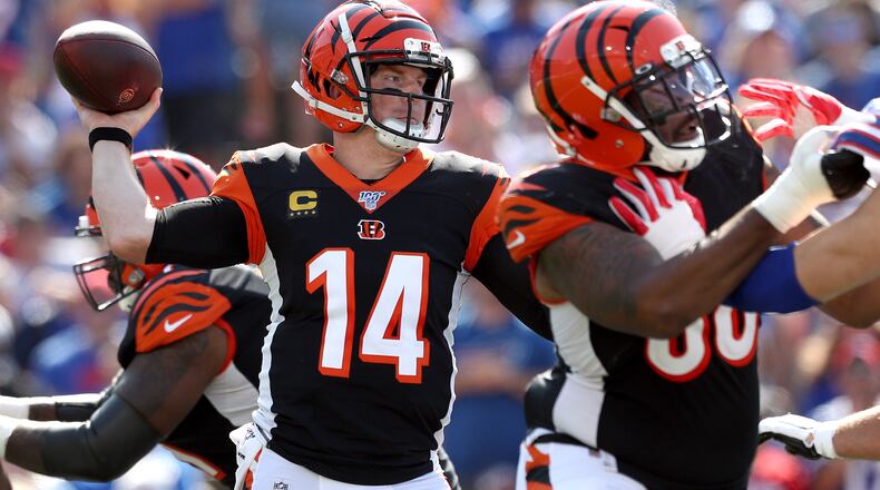 ORCHARD PARK, NEW YORK - SEPTEMBER 22: Andy Dalton #14 of the Cincinnati Bengals throws the ball during a game against the Buffalo Bills at New Era Field on September 22, 2019 in Orchard Park, New York. (Photo by Bryan M. Bennett/Getty Images)