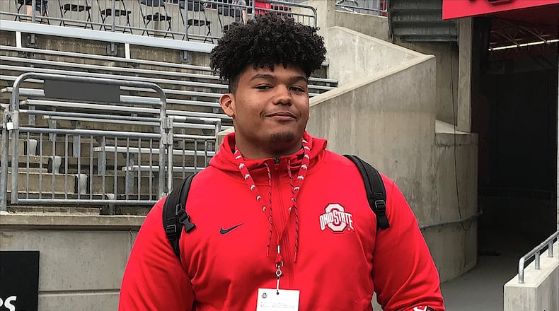 Fairfield offensive lineman Jackson Carman visited Ohio State for the Buckeyes spring game in April. (Photo: Marcus Hartman/CMG Ohio)
