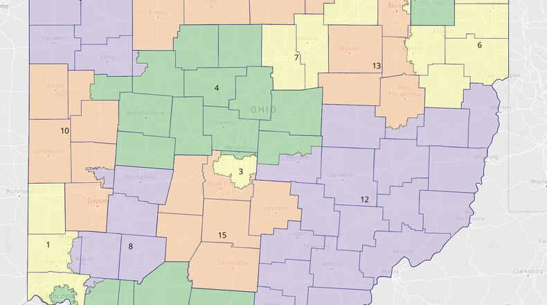 Ohio launched a new website this week allowing residents to upload their own suggested congressional maps as the state embarks on a constitutionally mandated redistricting process. This map, downloaded through the state's website, was submitted by Brian Hartfield on Sept. 2, 2025.