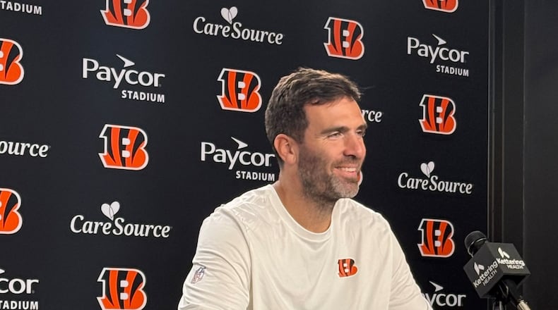 Cincinnati Bengals quarterback Joe Flacco speaks at a press conference on Friday, Oct. 10 in Cincinnati. Flacco, who was acquired from the Cleveland Browns earlier this week, will start on Sunday against the Green Bay Packers. LAUREL PFAHLER / CONTRIBUTED PHOTO